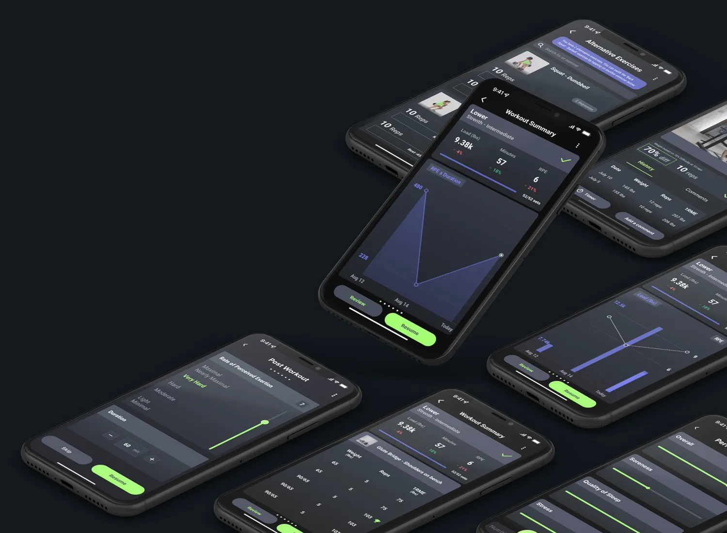 The BOSX online programming app on phone screens, showing workout summaries and progress charts